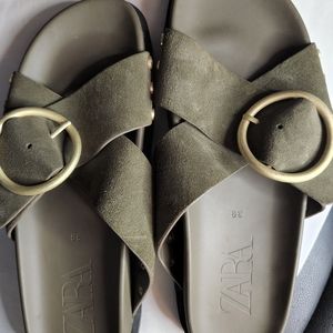Zara Olive Flat Leather Sandals